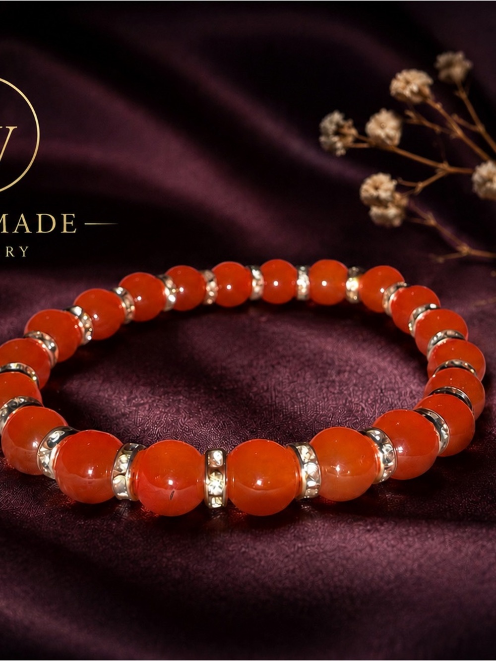 Handmade Orange Red Agate Bead Bracelet with Gold Accents
